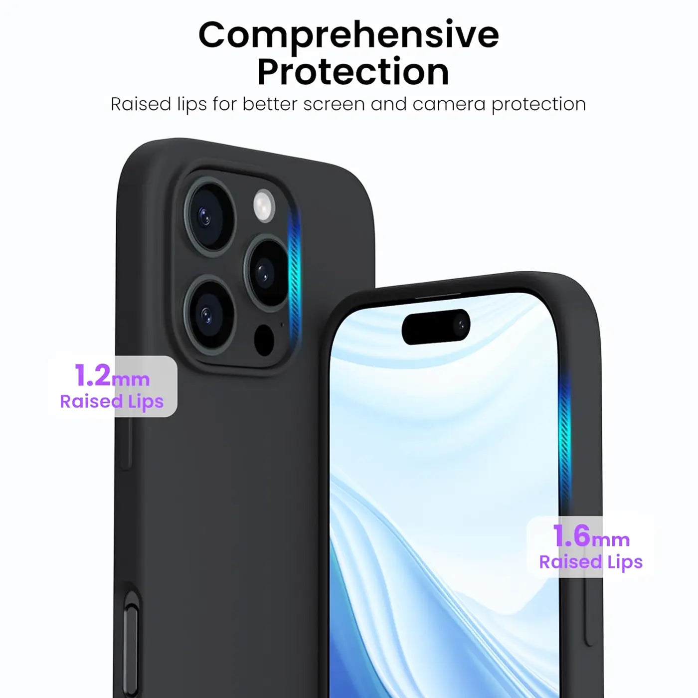 Schwarze Silikonhülle für iPhone 16 Pro, Nahaufnahme, Rückseite und Vorderseite sichtbar.