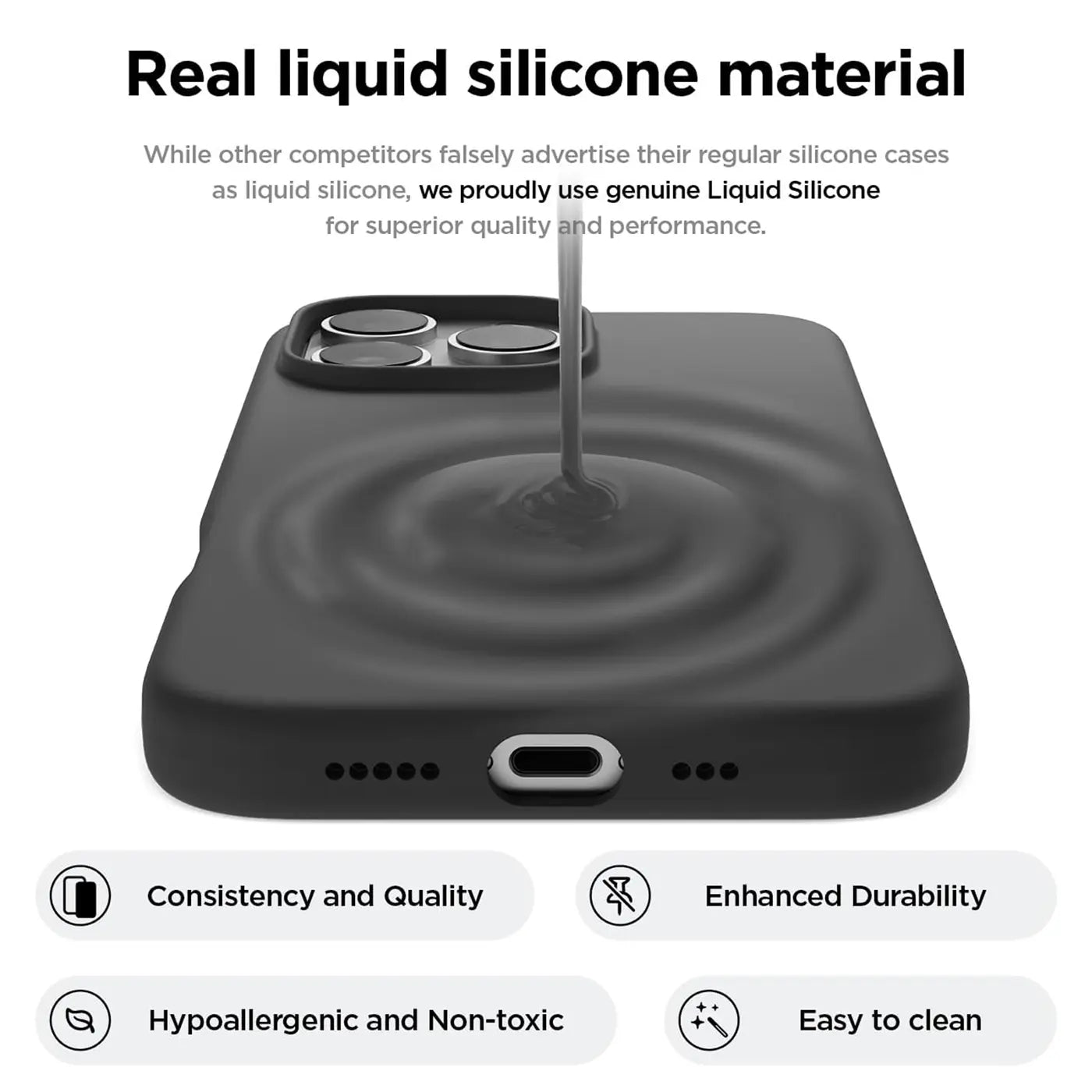 Schwarze Silikonhülle für iPhone 16 Pro, von oben, mit Flüssigkeitseffekt.