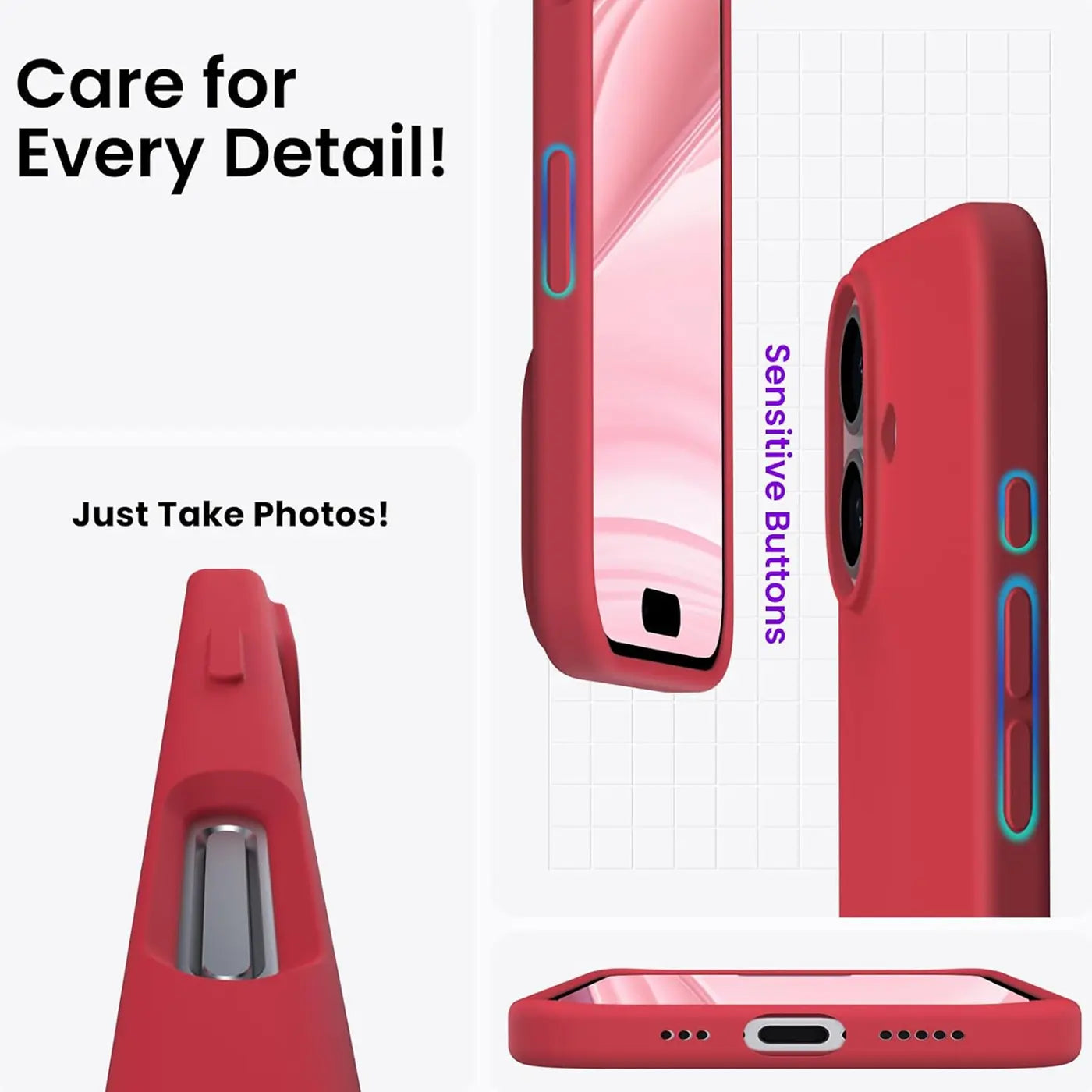 Rote Silikonhülle für iPhone 16, Seitenansicht, Nahaufnahme, Unterseite.