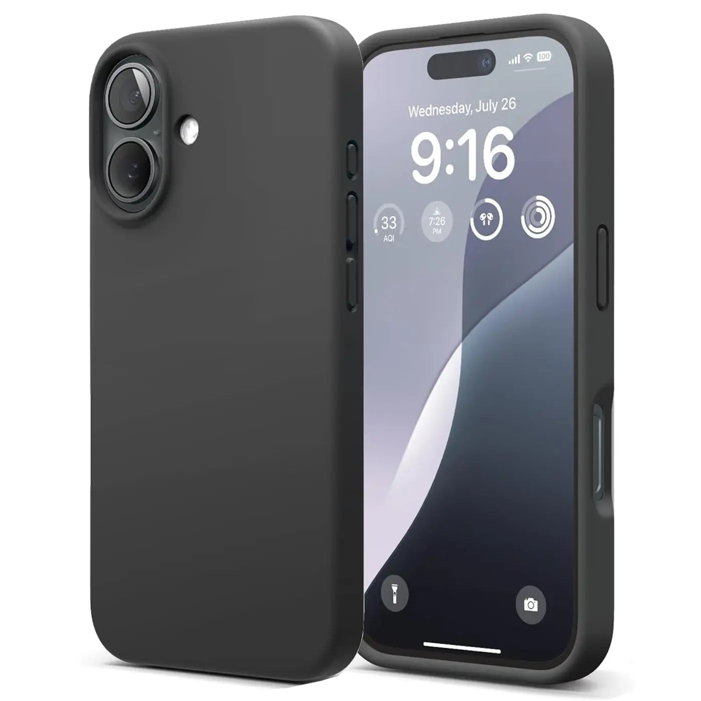 Schwarze Silikonhülle für iPhone 16, Mikrofaser-Innenfutter, von vorne und Seite