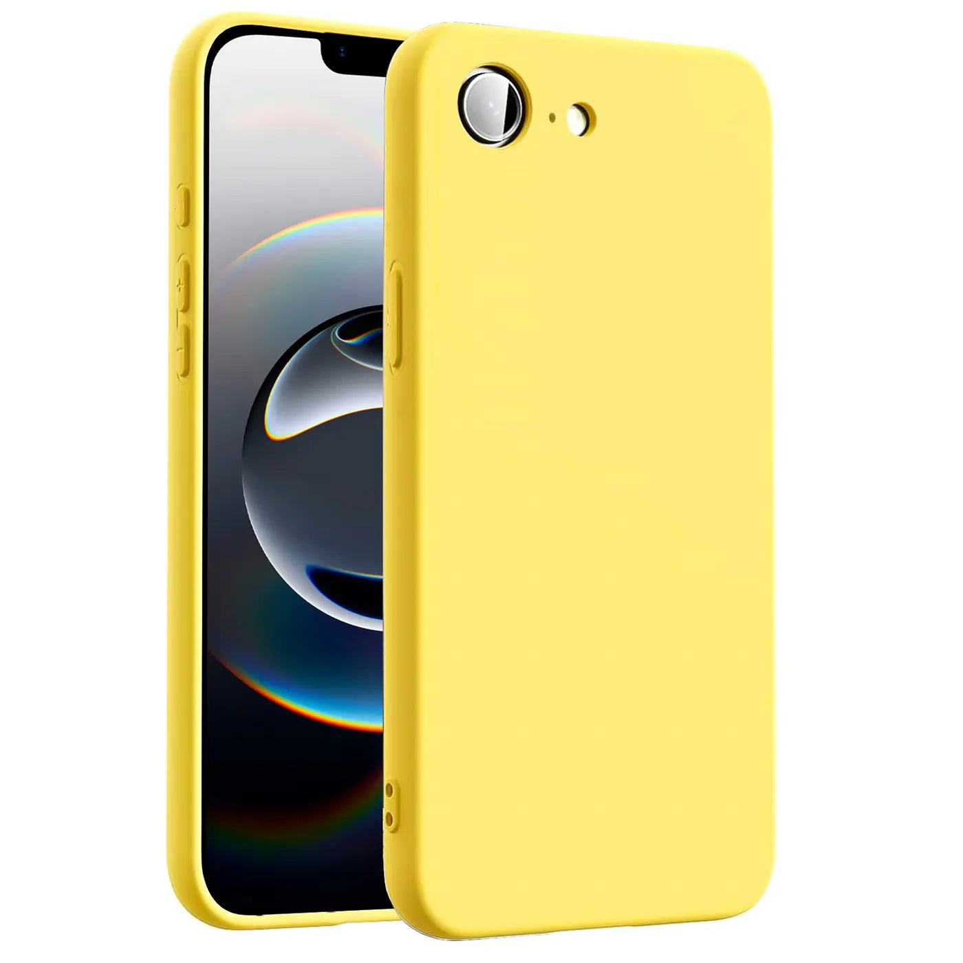 Gelbe Silikonhülle für iPhone 16e, von vorne/leicht schräg, mit Mikrofaser-Innenfutter.