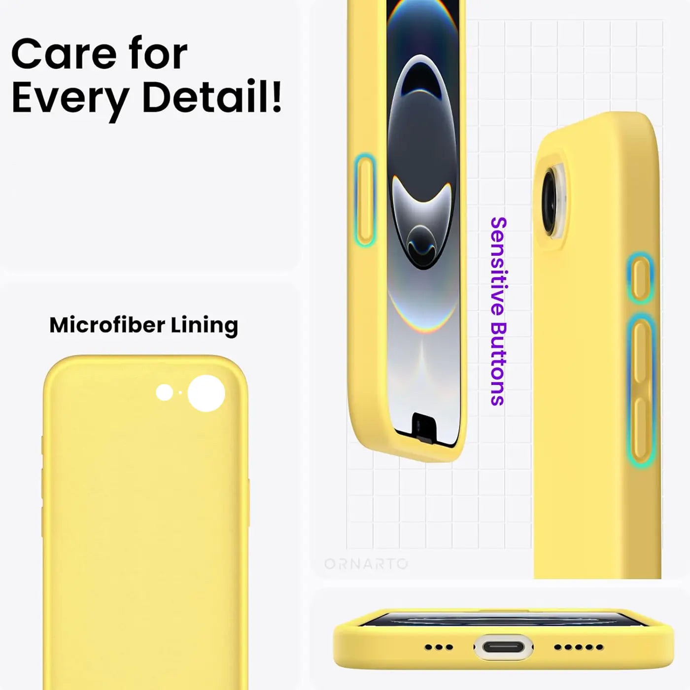 Gelbe Silikonhülle für iPhone, Mikrofaser-Innenfutter, Seitenansicht mit empfindlichen Tasten.