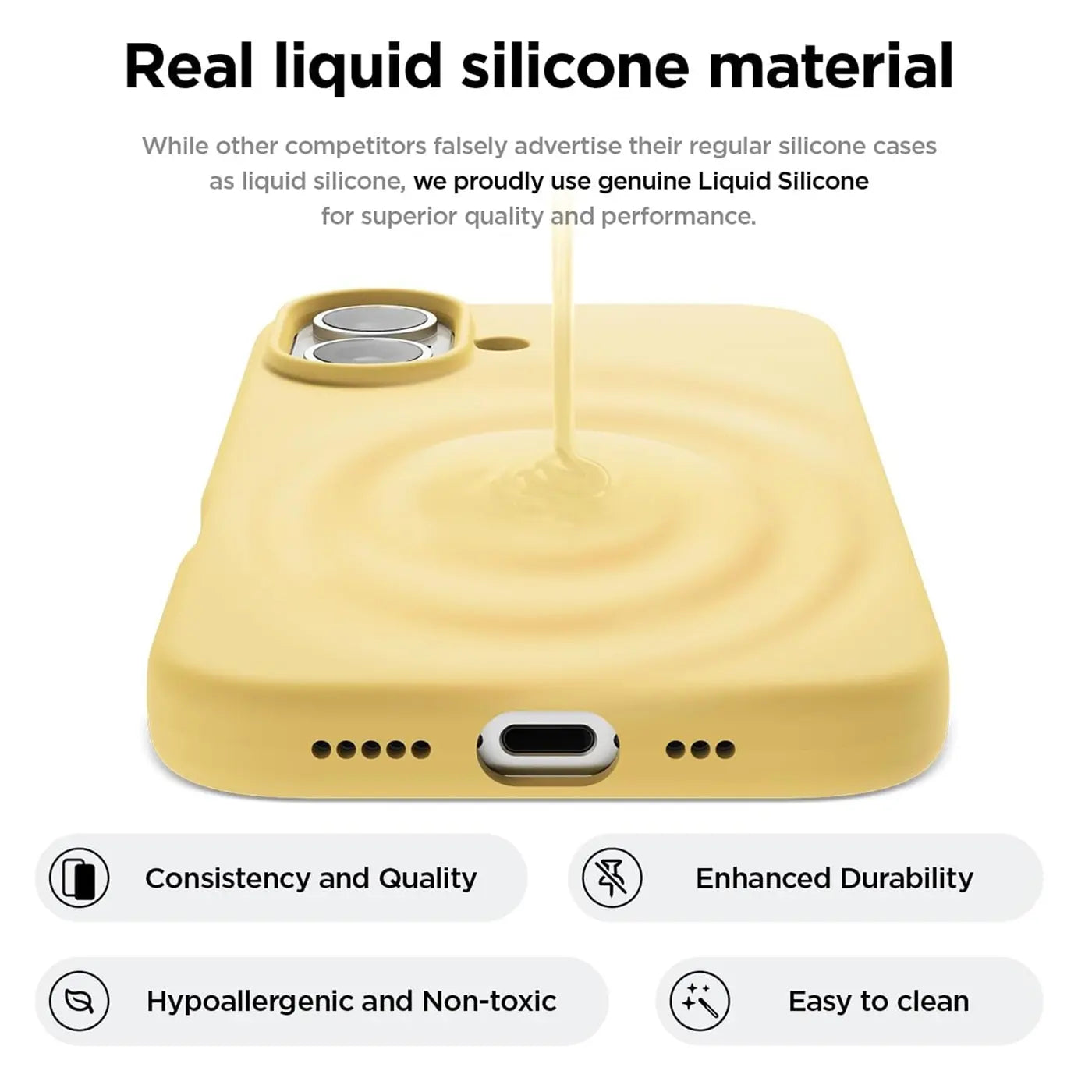 Gelbe Silikonhülle für iPhone 16e, Nahaufnahme von oben, flüssiges Material fließt hinein.