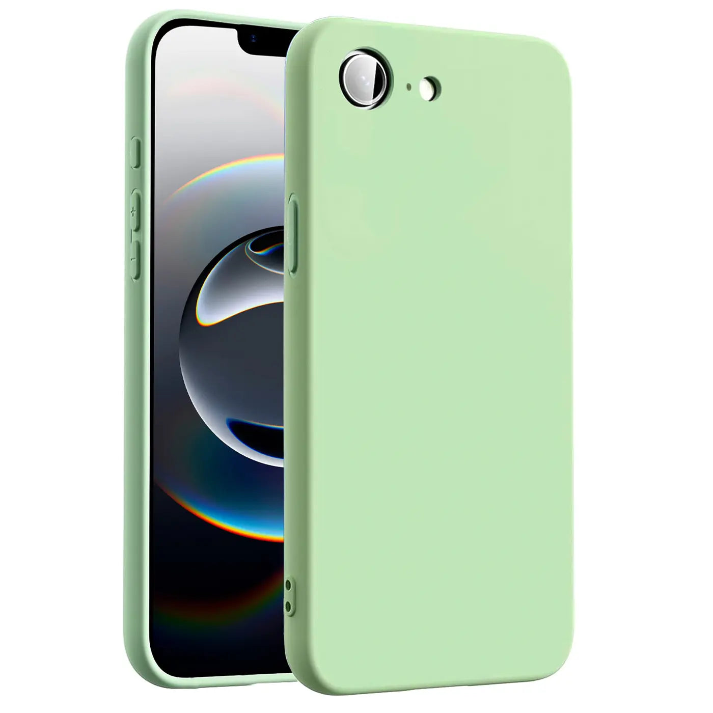 Hellgrüne Silikonhülle für iPhone 16e, von vorne/seitlich, mit Mikrofaser-Innenfutter.