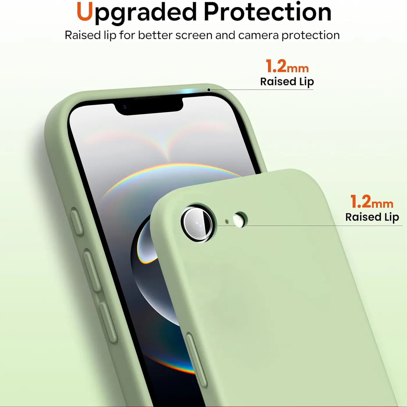 Hellgrüne Silikonhülle mit Mikrofaserfutter, Nahaufnahme, zeigt iPhone 16e.