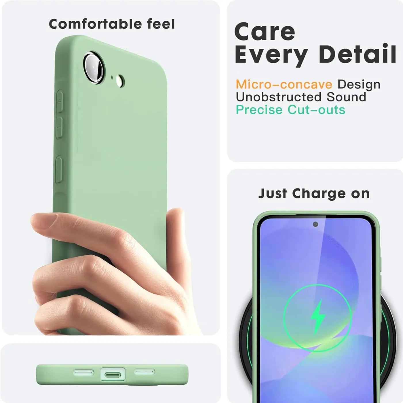 Grüne Silikonhülle für iPhone 16e, von Hand gehalten, von oben und auf Ladestation