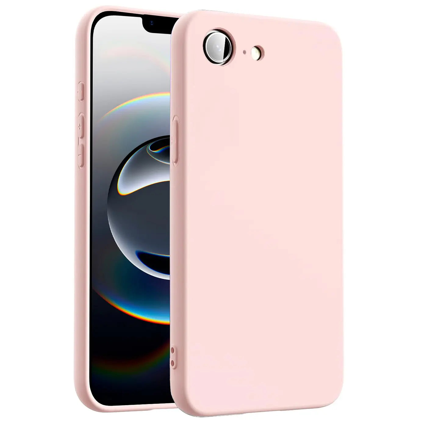 Rosa Silikonhülle für iPhone 16e, von vorne links, Mikrofaser-Innenfutter.
