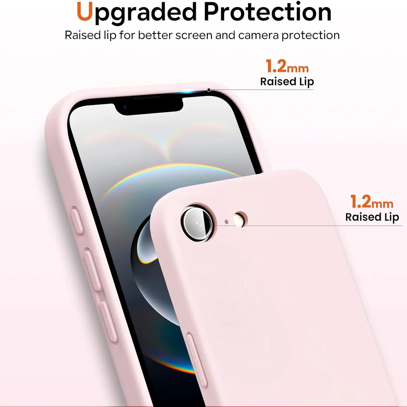 Rosa Silikonhülle für iPhone, Nahaufnahme, Vorder- und Rückansicht, Mikrofaserfutter.