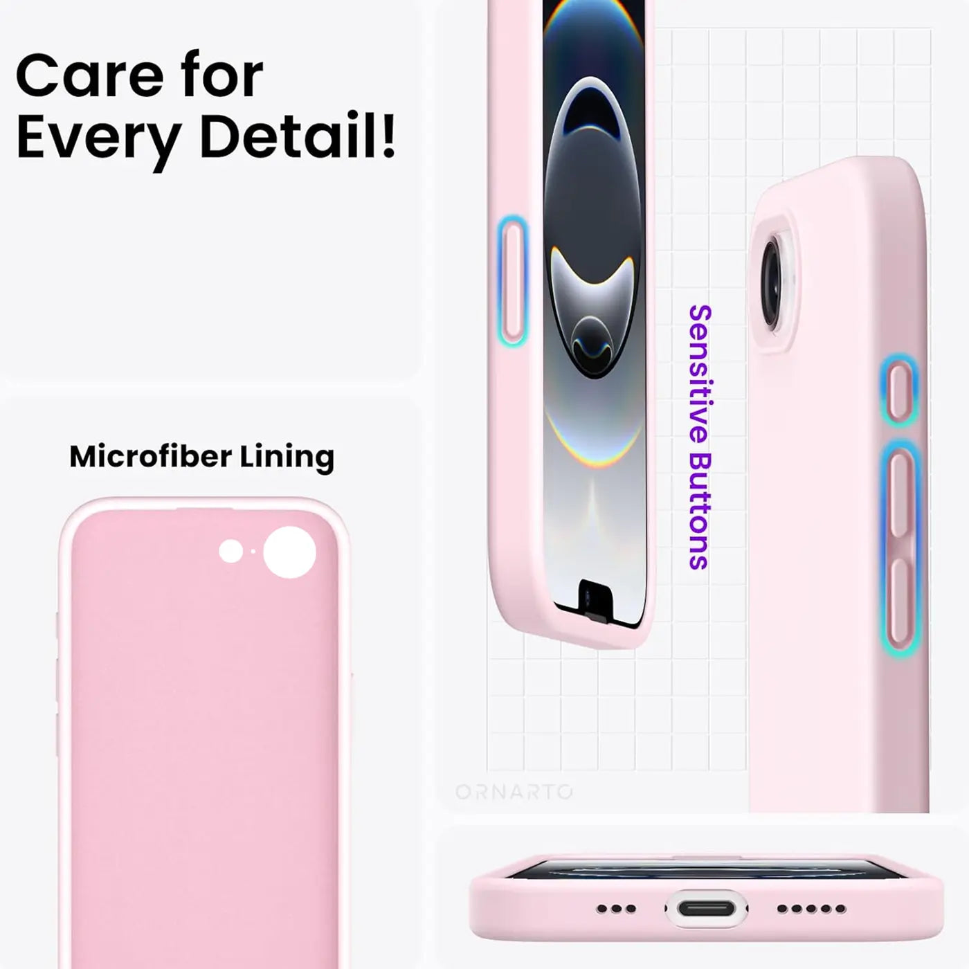 Rosa Silikonhülle für iPhone, Mikrofaser-Innenfutter, Seitenansicht mit empfindlichen Tasten