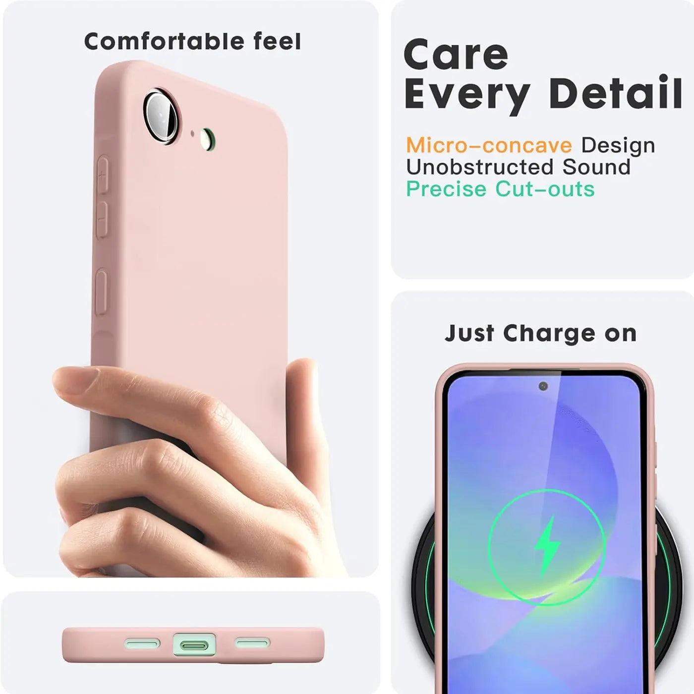 Rosa Silikonhülle für iPhone 16e, von Hand gehalten, Draufsicht, kabelloses Laden