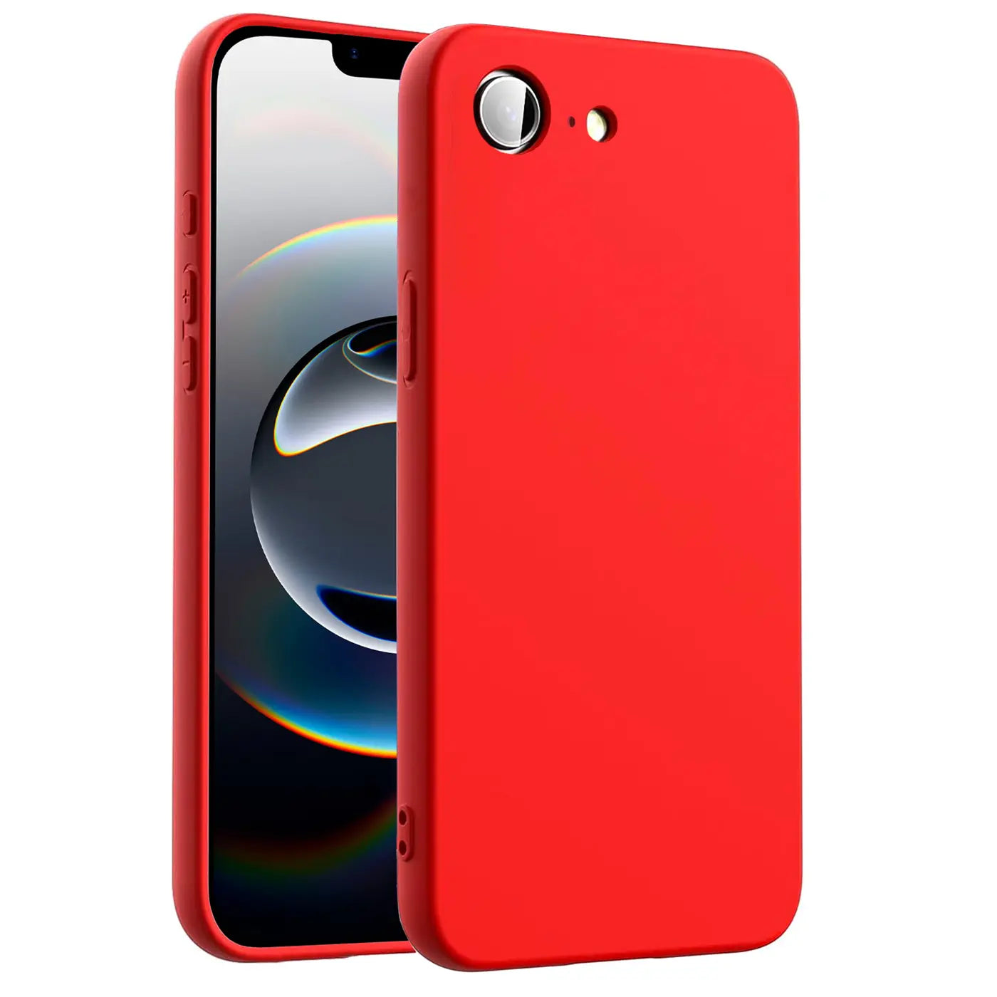 Rote Silikonhülle für iPhone 16e, Mikrofaser-Innenfutter, Seitenansicht.