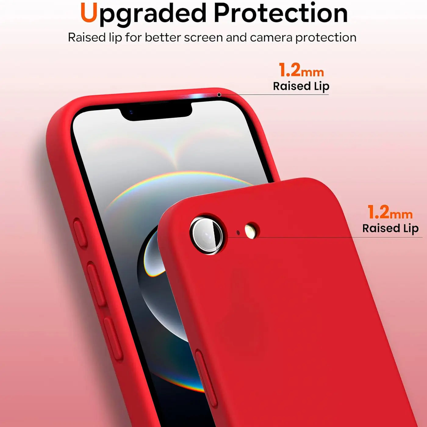 Rote Silikonhülle für iPhone, Nahaufnahme, Vorder- und Rückseite sichtbar.