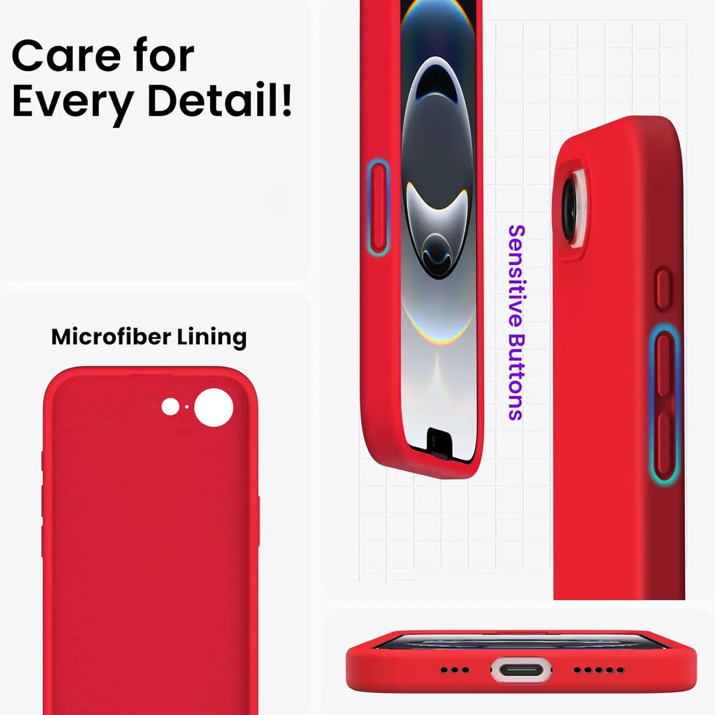 Rote Silikonhülle für iPhone, von vorne, Seite, Rückseite und unten gezeigt. Mikrofaserfutter.
