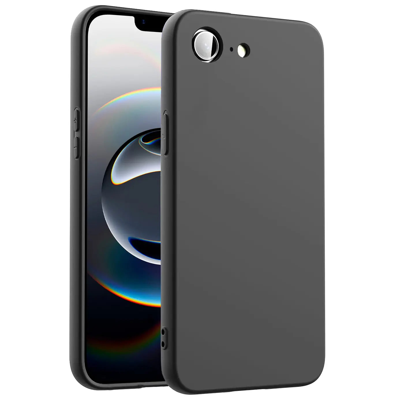 Dunkelgraue Silikonhülle mit Mikrofaser-Innenfutter, seitliche Ansicht, zeigt iPhone 16e.
