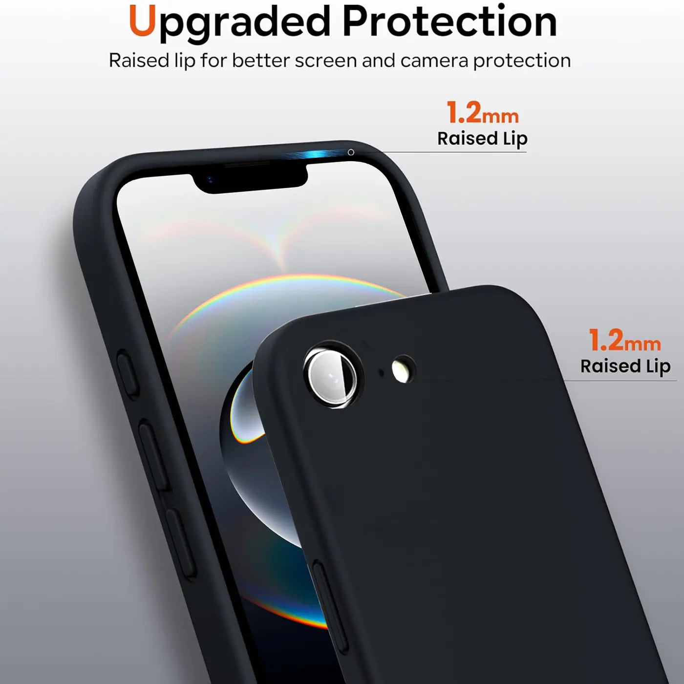 Schwarze Silikonhülle, Nahaufnahme, iPhone 16e mit erhöhter Lippe
