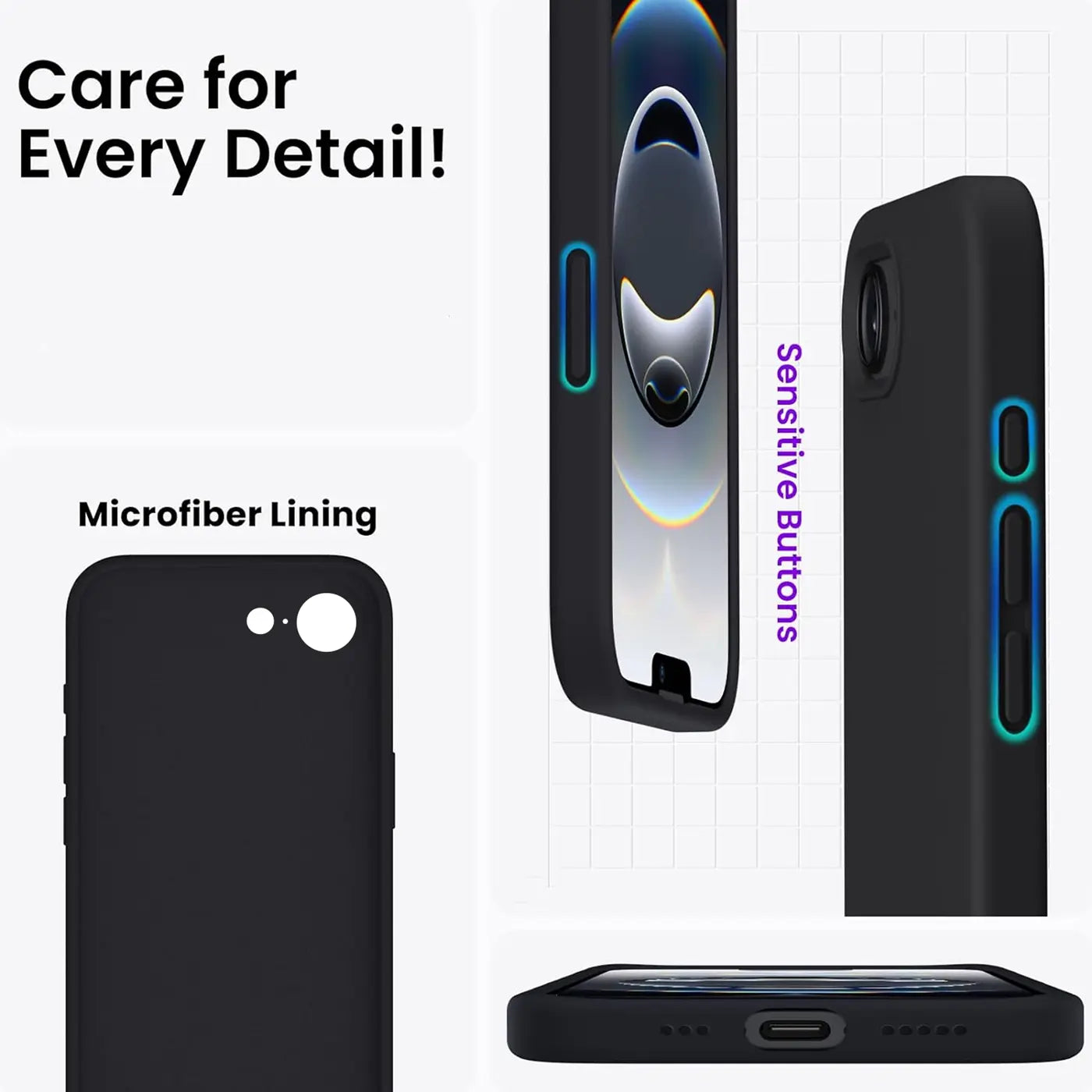 Schwarze Silikonhülle mit Mikrofaserfutter für iPhone, Seitenansicht.