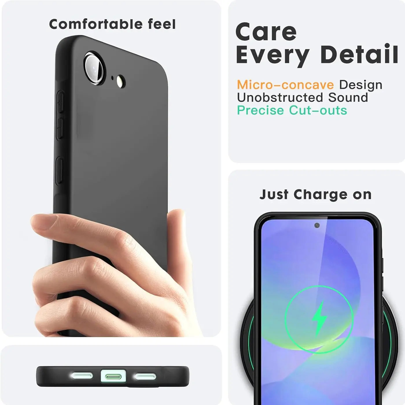 Schwarze Silikonhülle für iPhone 16e, von Hand gehalten, Nahaufnahme.