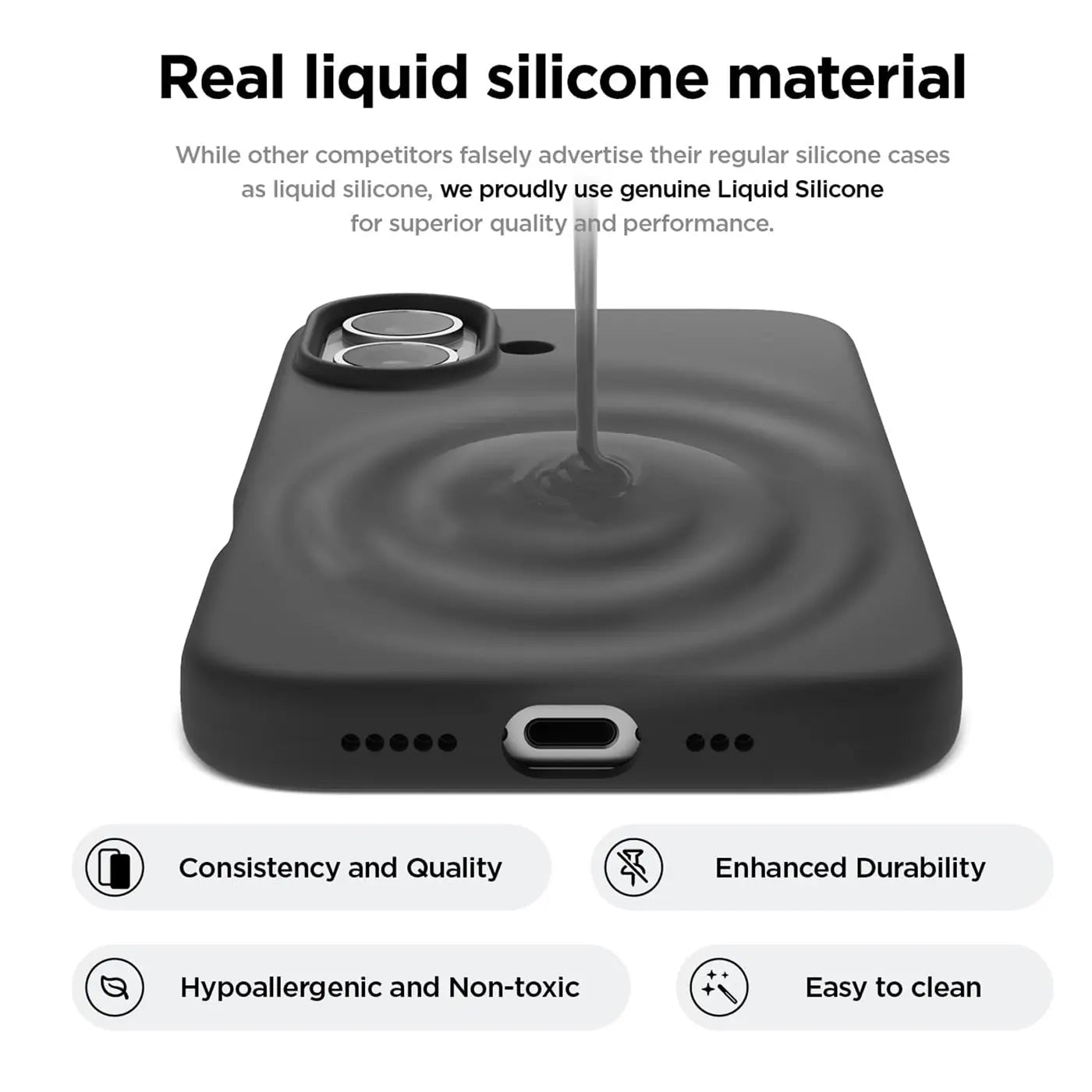 Schwarze Silikonhülle für iPhone 16e, von oben, Flüssigkeit fließt darauf