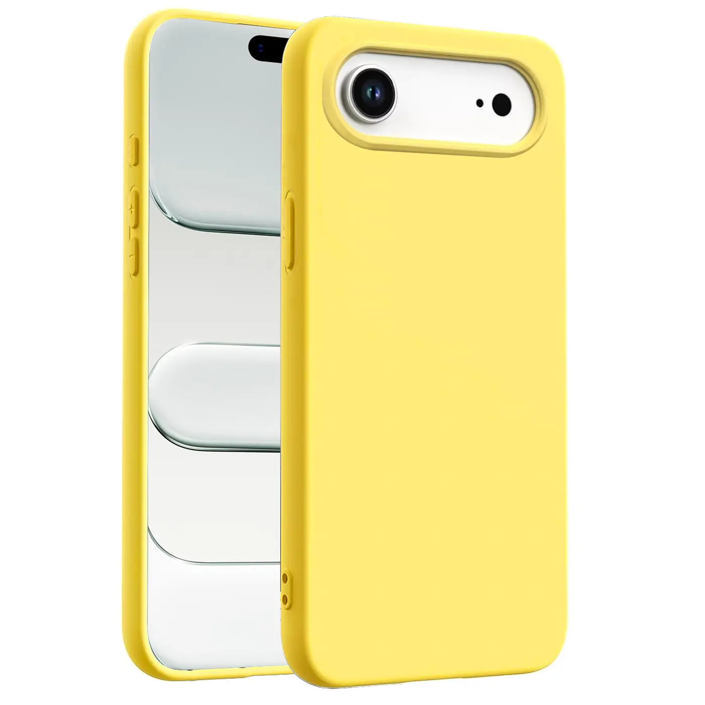 Gelbe Silikonhülle für iPhone 14 Pro, von vorne rechts, mit Mikrofaser-Innenfutter.