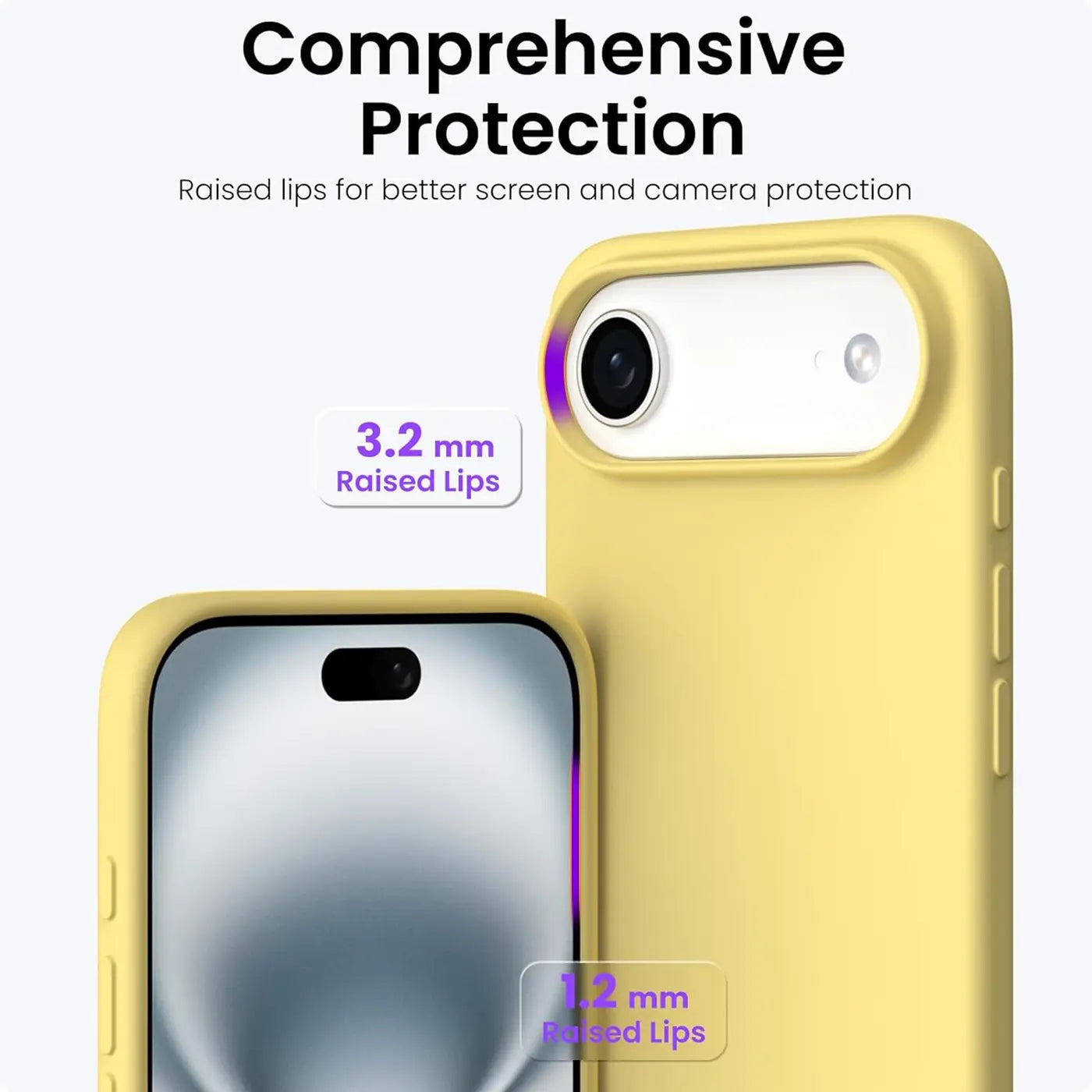 Gelbe Silikonhülle für iPhone, Nahaufnahme, Vorder- und Rückansicht, Mikrofaser.