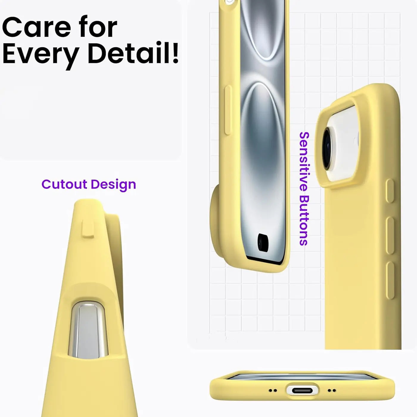Gelbe Silikonhülle für iPhone 17 Air, Nahaufnahme, verschiedene Winkel