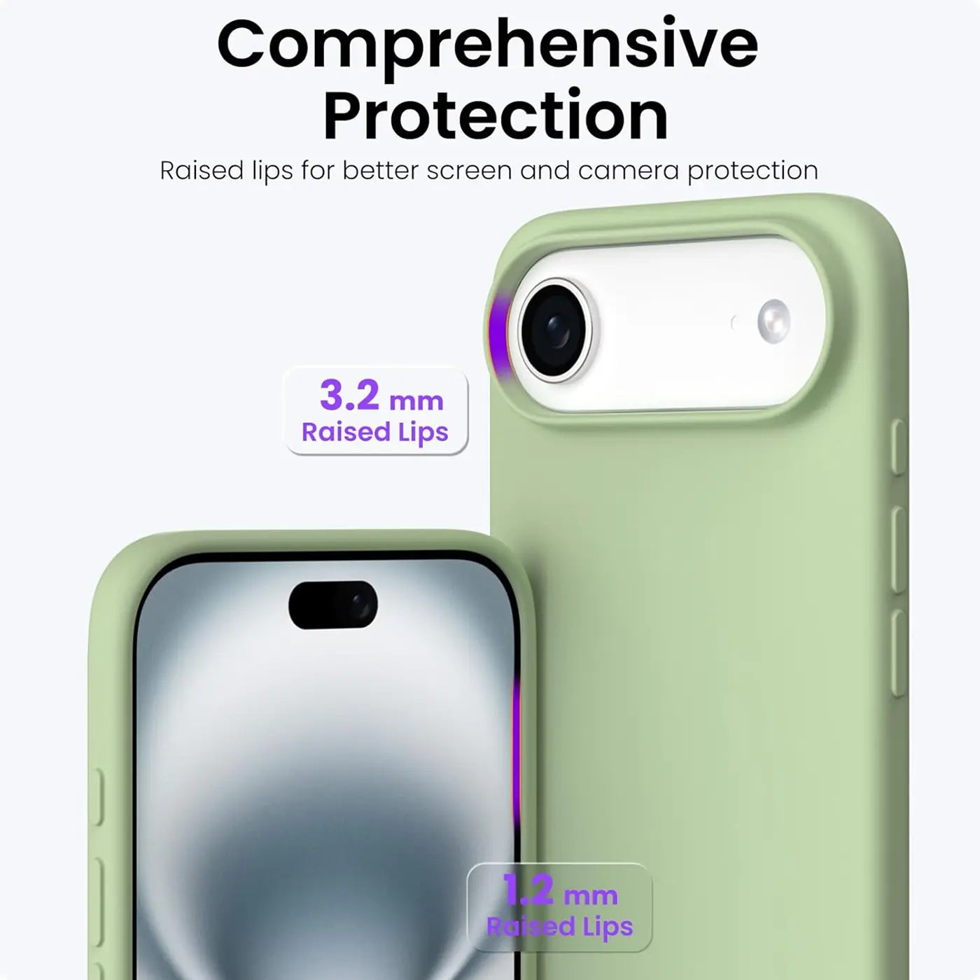 Grüne Silikonhülle für iPhone, Vorder- und Rückansicht, Nahaufnahme.