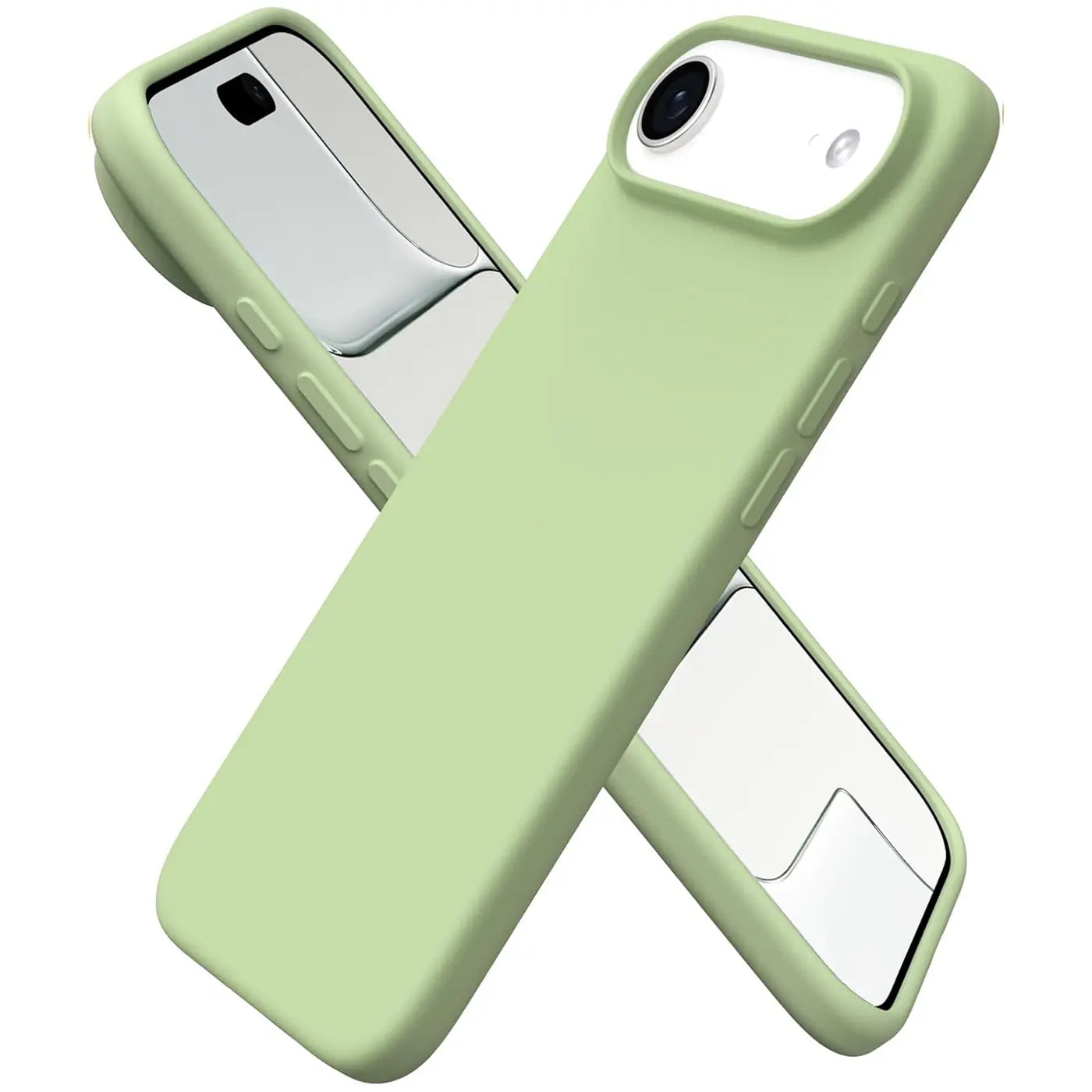 Grüne Silikonhülle mit Spiegel für iPhone 17 Air, von schräg oben fotografiert.