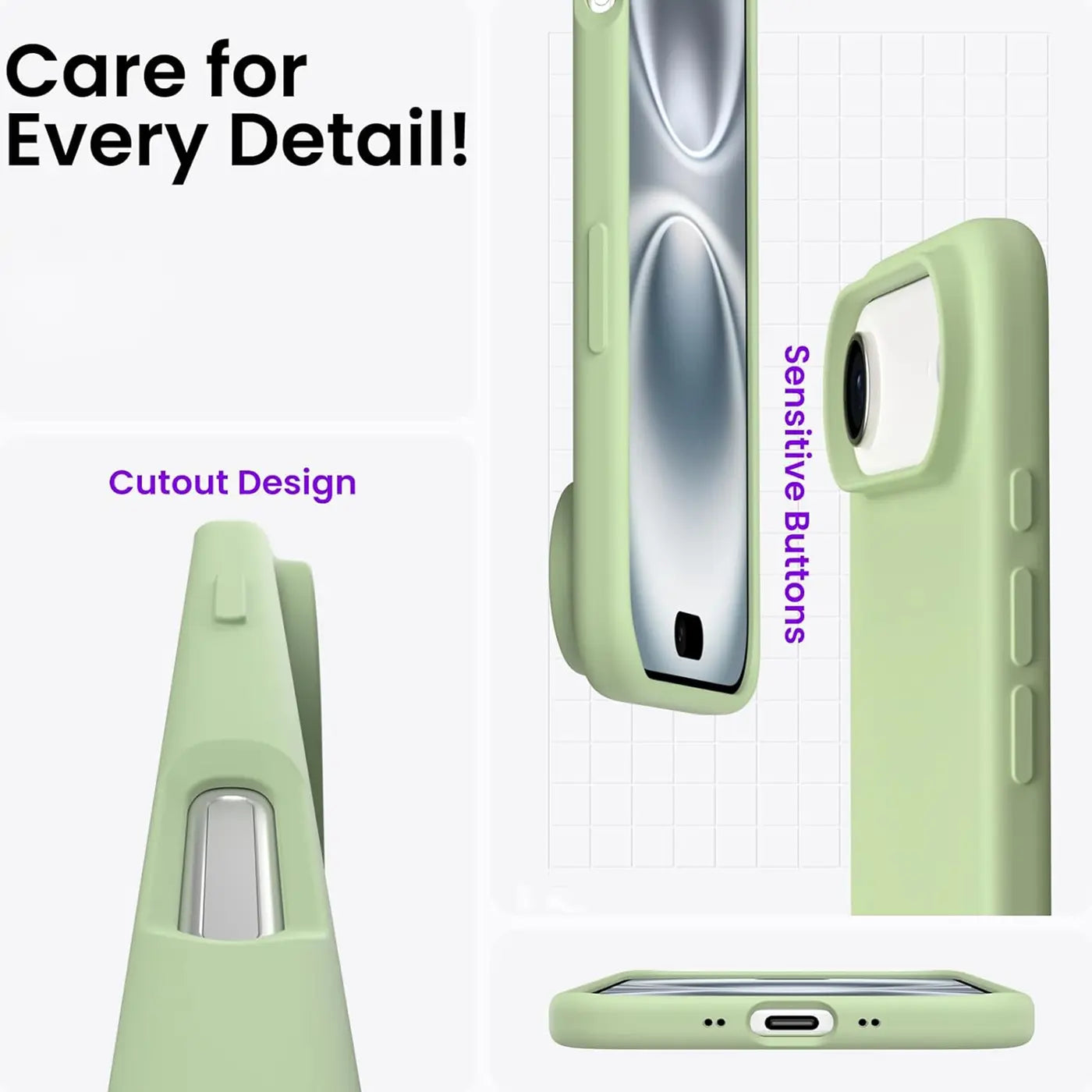 Hellgrüne Silikonhülle für iPhone 17 Air, Seitenansicht, Ausschnitt, Tasten.