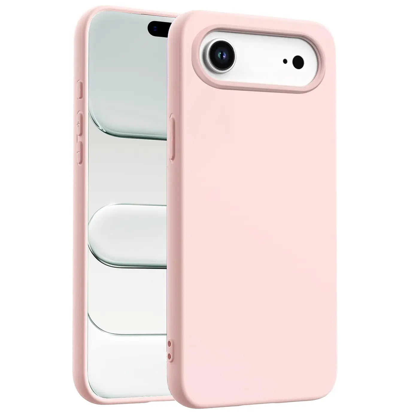 Rosa Silikonhülle für iPhone 17 Air, von vorne links, mit Mikrofaser-Innenfutter.