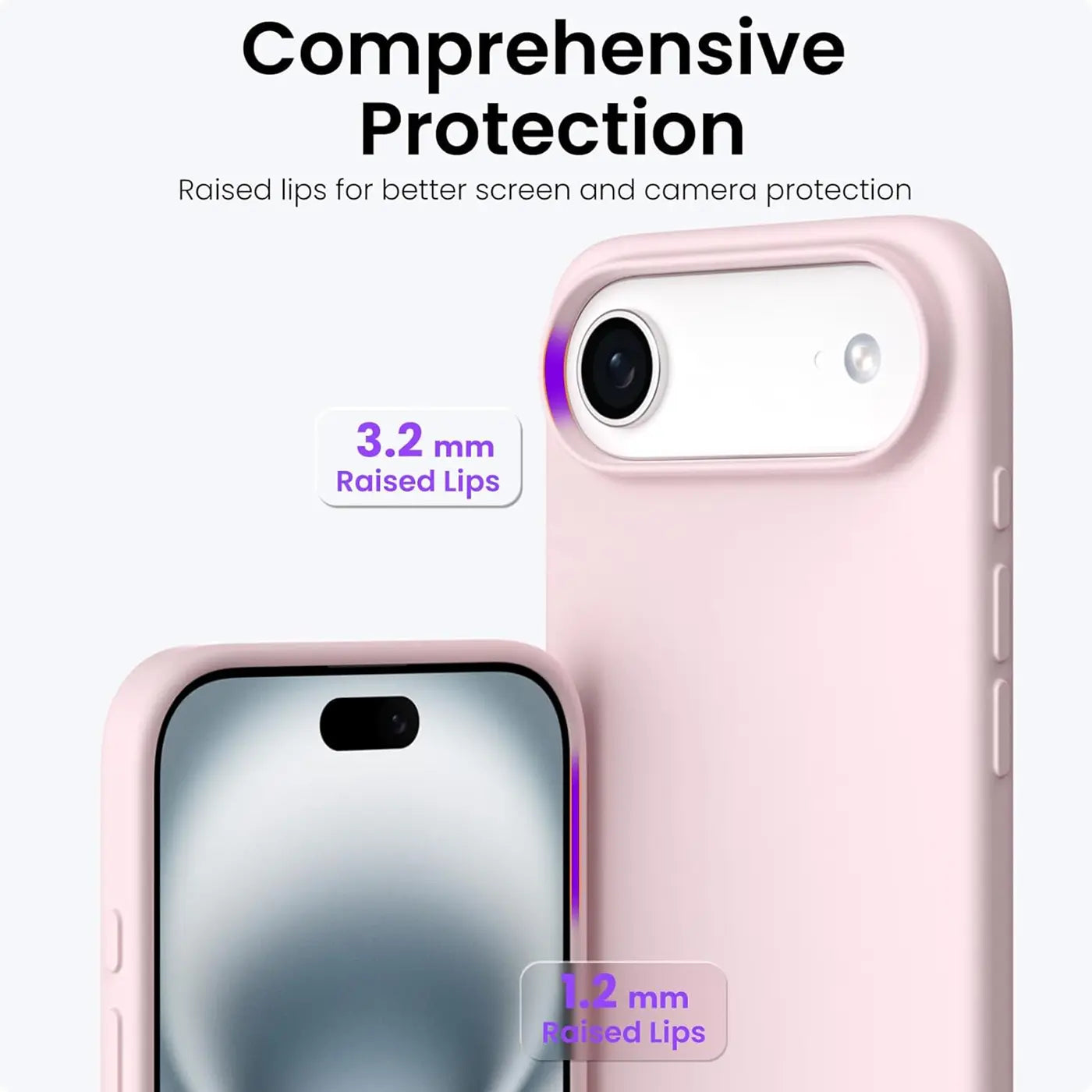 Rosa Silikonhülle für iPhone, Nahaufnahme, Vorder- und Rückseite, erhöhte Kanten.