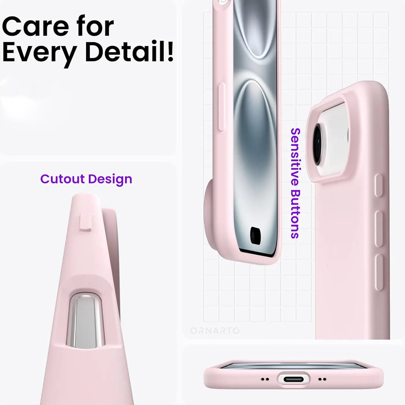 Rosa Silikonhülle für iPhone, Seitenansicht, Ausschnitt-Design, empfindliche Tasten