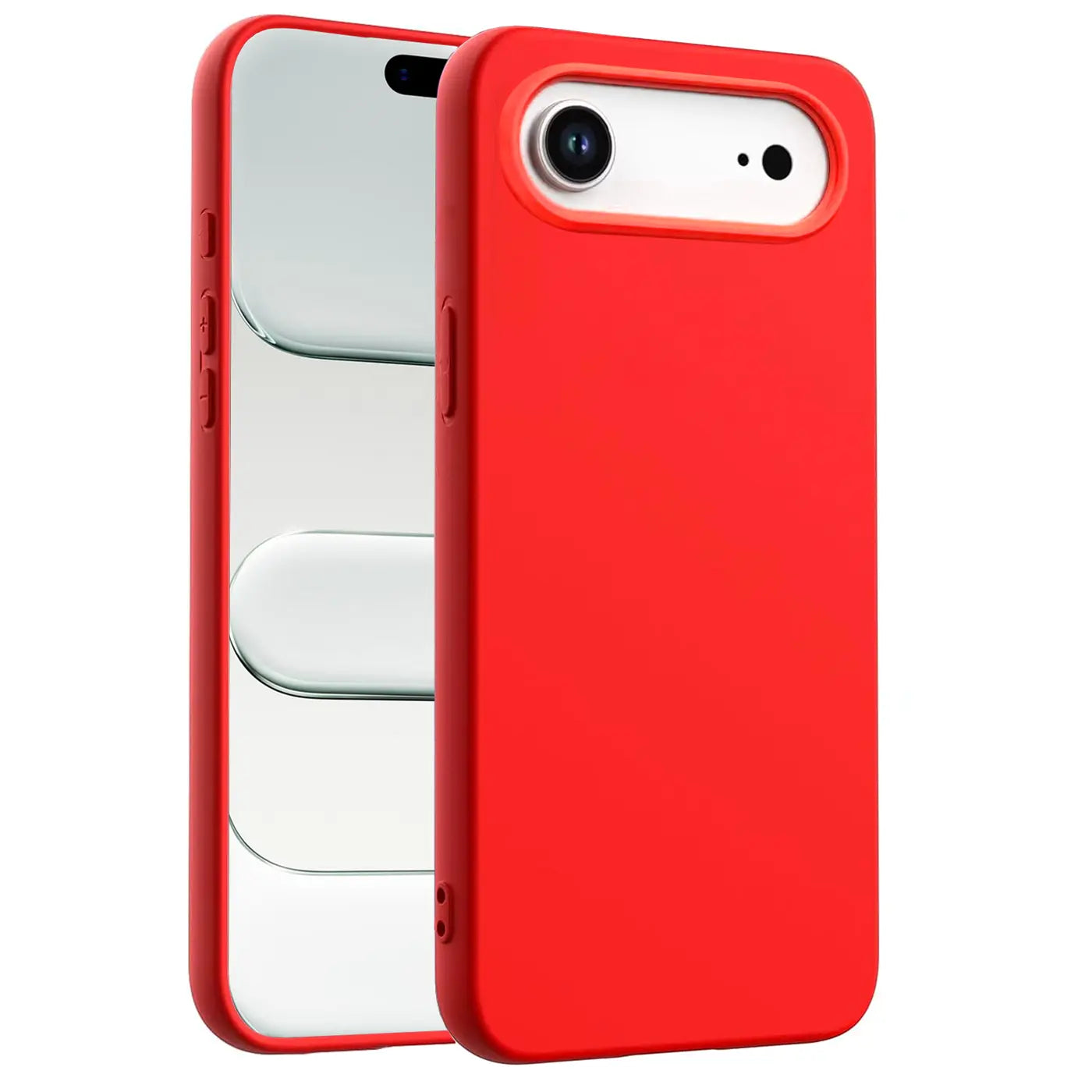 Rote Silikonhülle für iPhone 14 Pro, von vorne, mit Blick auf die Rückseite.