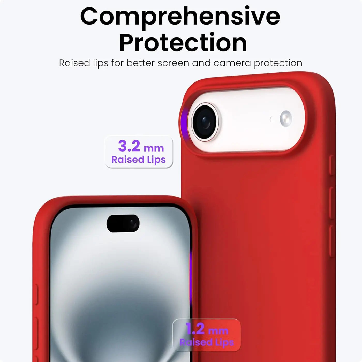 Rote Silikonhülle für iPhone, Nahaufnahme, Vorder- und Rückansicht, Mikrofaser-Innenfutter.