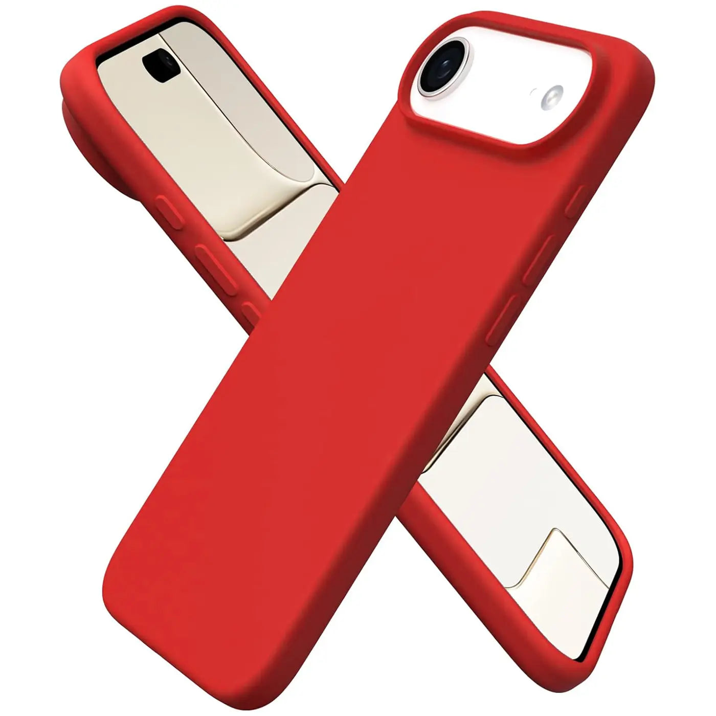 Rote Silikonhülle mit Mikrofaserfutter, von vorne unten leicht schräg, zeigt iPhone 17 Air.