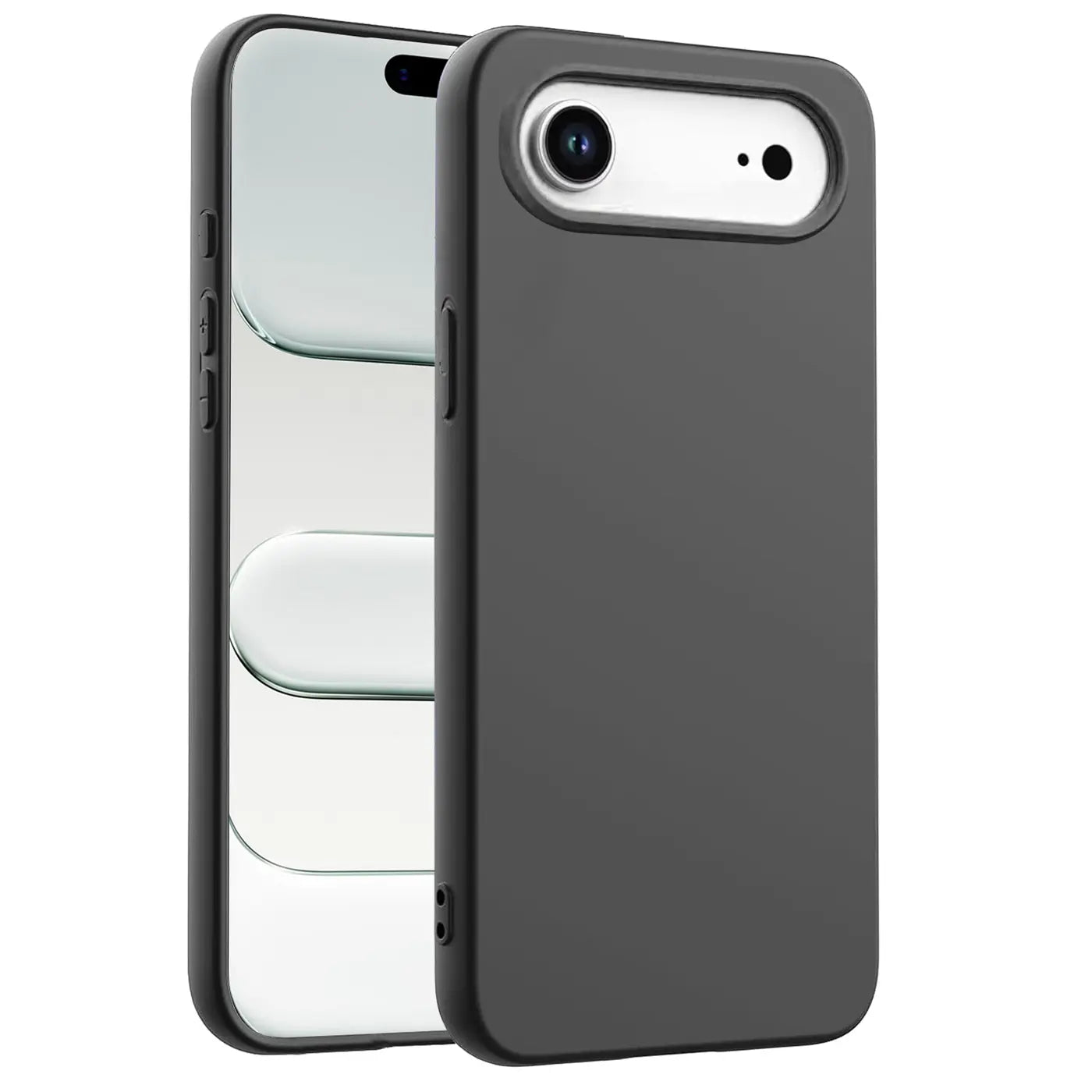 Dunkelgraue Silikonhülle mit Mikrofaserfutter, schützt iPhone 14 Pro, Seitenansicht.
