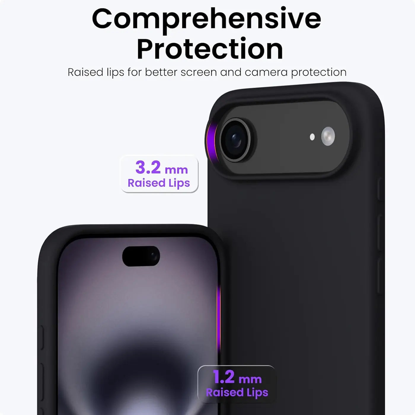 Schwarze Silikonhülle mit erhöhten Rändern (3,2mm/1,2mm) für iPhone, Nahaufnahme.