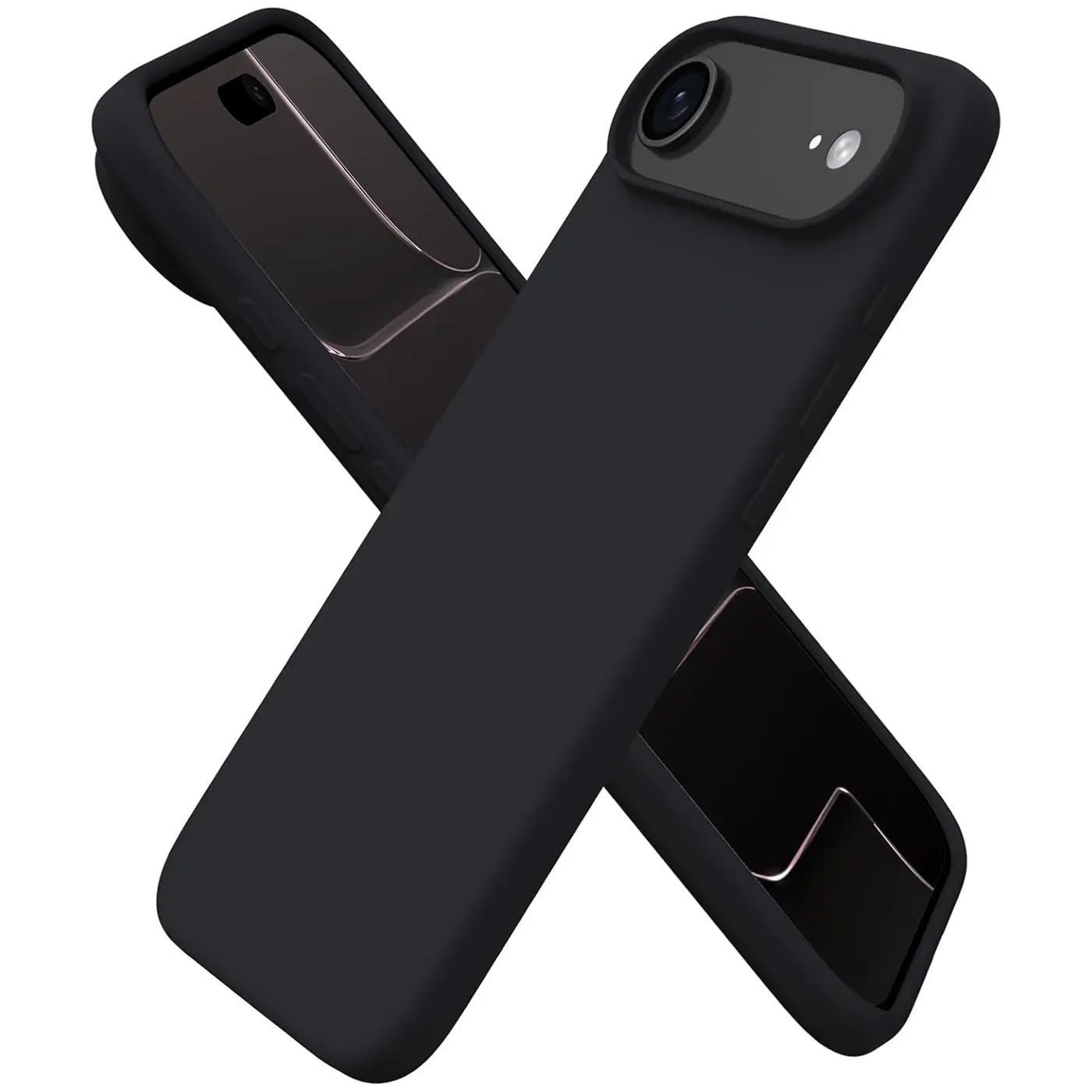 Schwarze Silikonhülle für iPhone, von schräg oben, mit Mikrofaser-Innenfutter.