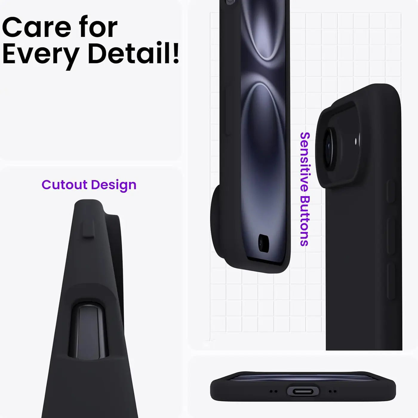 Schwarze Silikonhülle für iPhone 17 Air, Seitenansicht und Unteransicht.