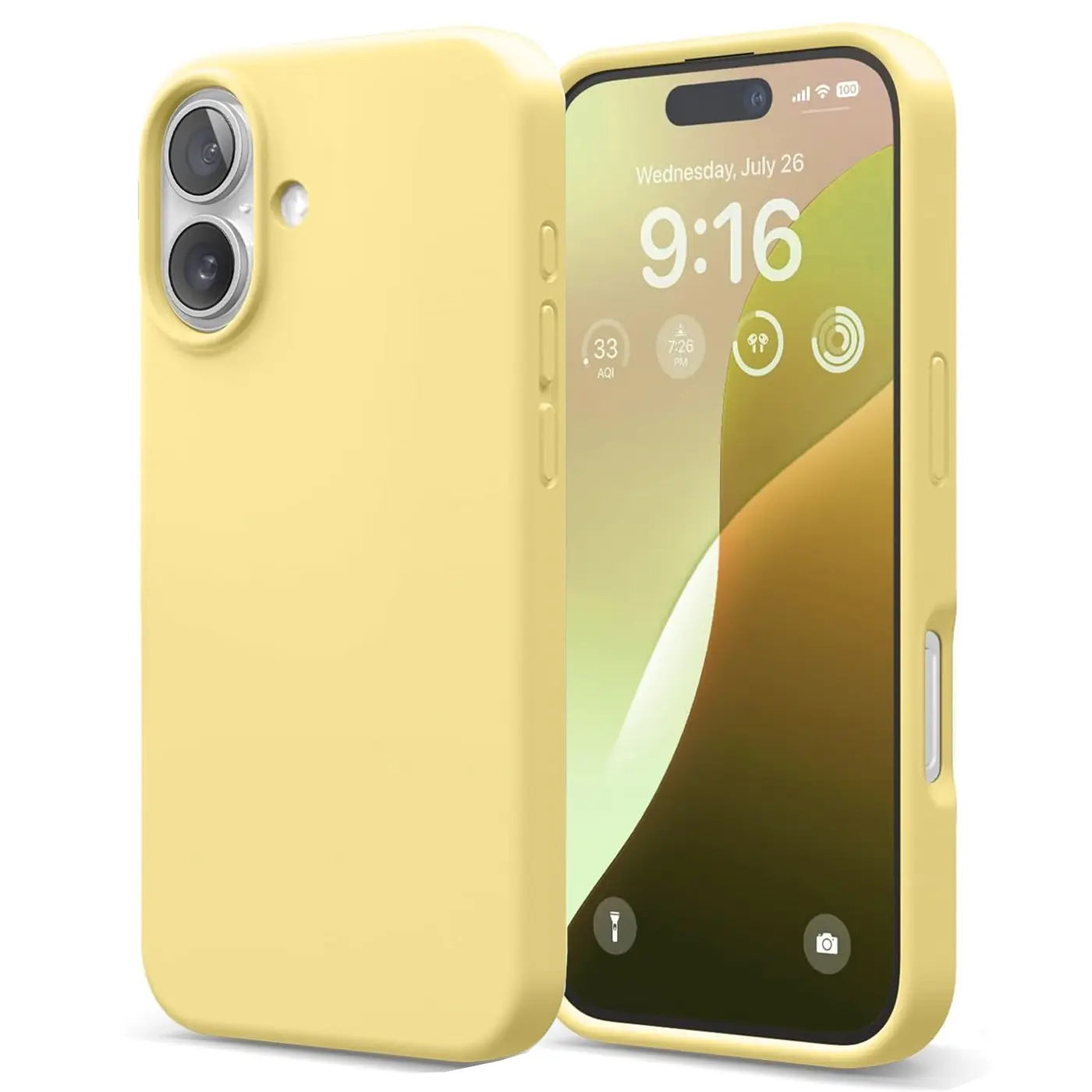 Gelbe Silikonhülle für iPhone 17, Vorder- und Rückansicht, Mikrofaser-Innenfutter