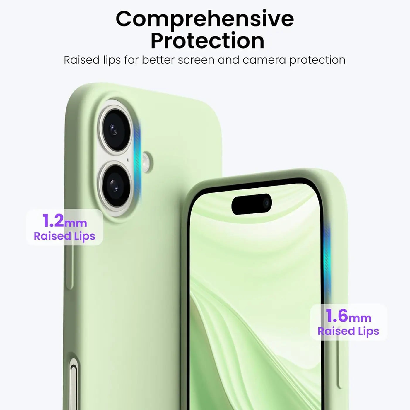 Hellgrüne Silikonhülle für iPhone, Rückansicht und Vorderansicht, Mikrofaser-Innenfutter.