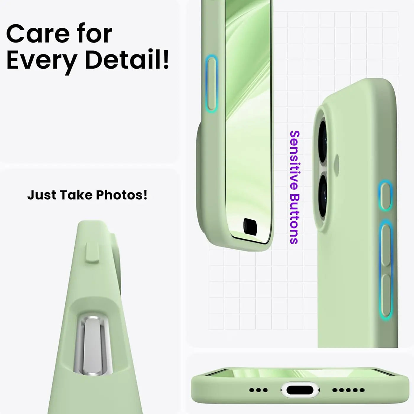 Hellgrüne Silikonhülle für iPhone, Seitenansicht, Nahaufnahme, Unterseite.