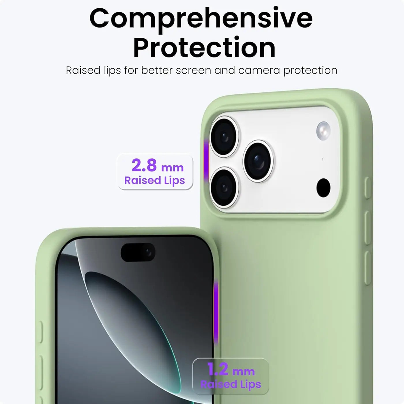 Hellgrüne Silikonhülle, Vorder- und Rückansicht, zeigt iPhone 17 Pro Max Kameras & Display.