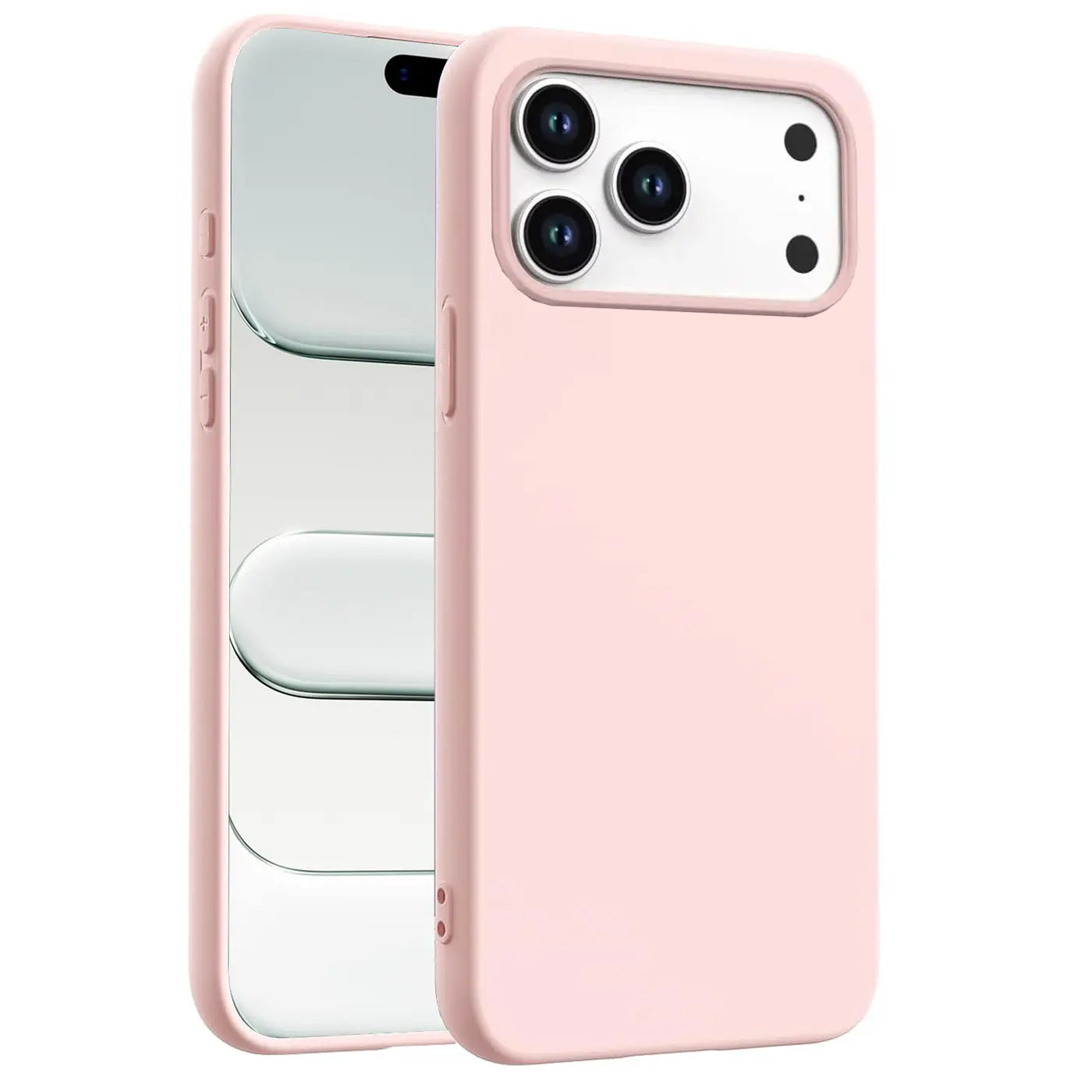 Rosa Silikonhülle für iPhone 17 Pro Max, von vorne schräg, Mikrofaserfutter sichtbar