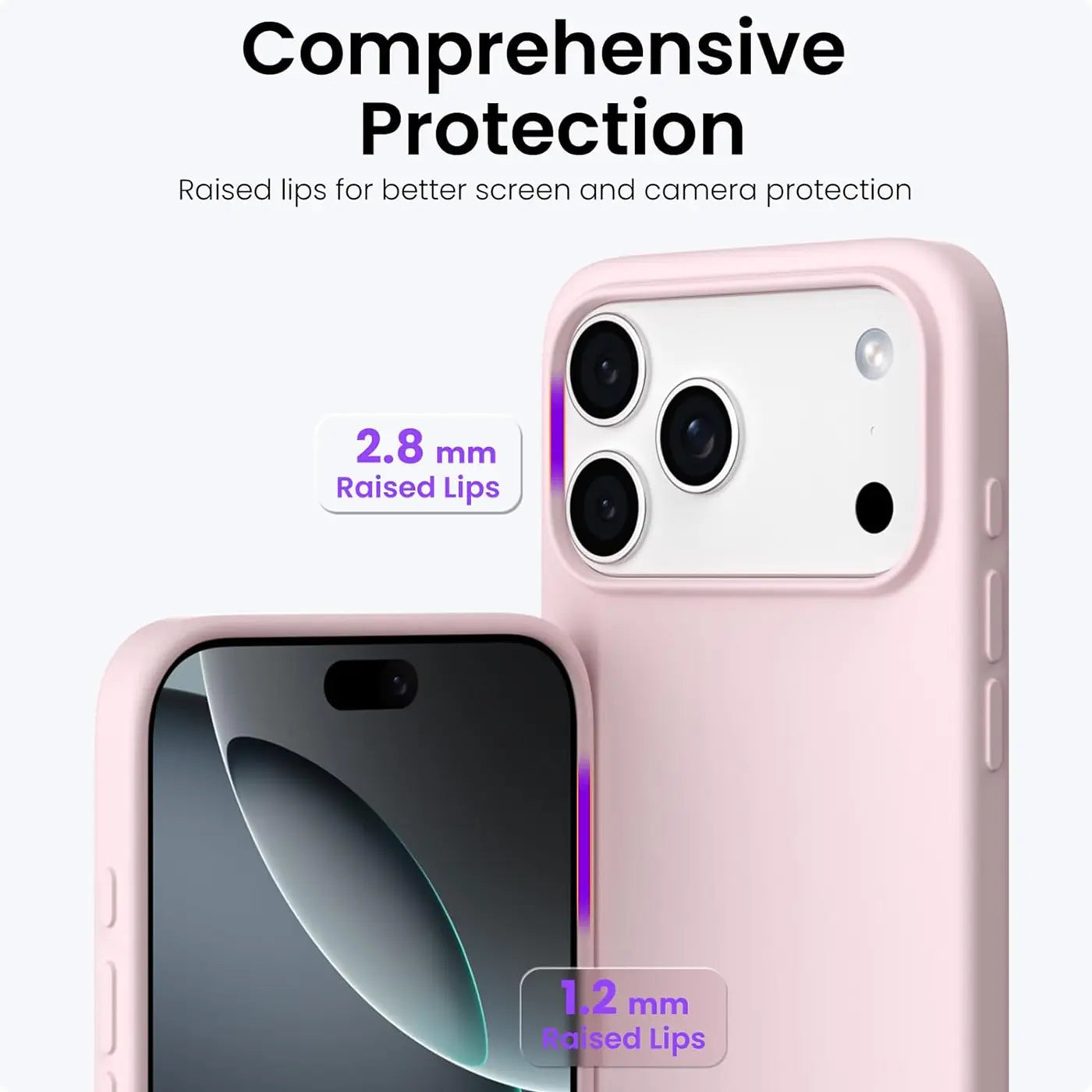 Rosa Silikonhülle für iPhone 17 Pro Max, Nahaufnahme, Vorder- und Rückansicht.