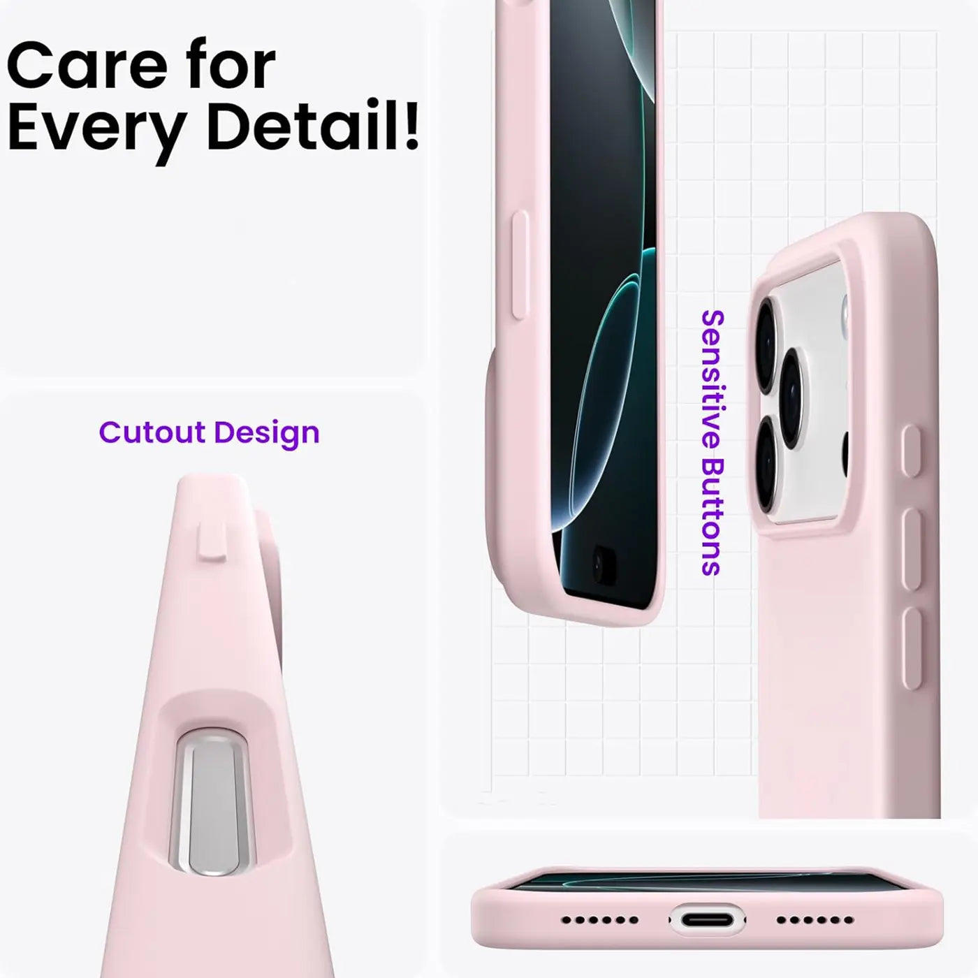 Rosa Silikonhülle für iPhone 17 Pro Max, Seitenansicht & Rückseite, Ausschnitt-Design