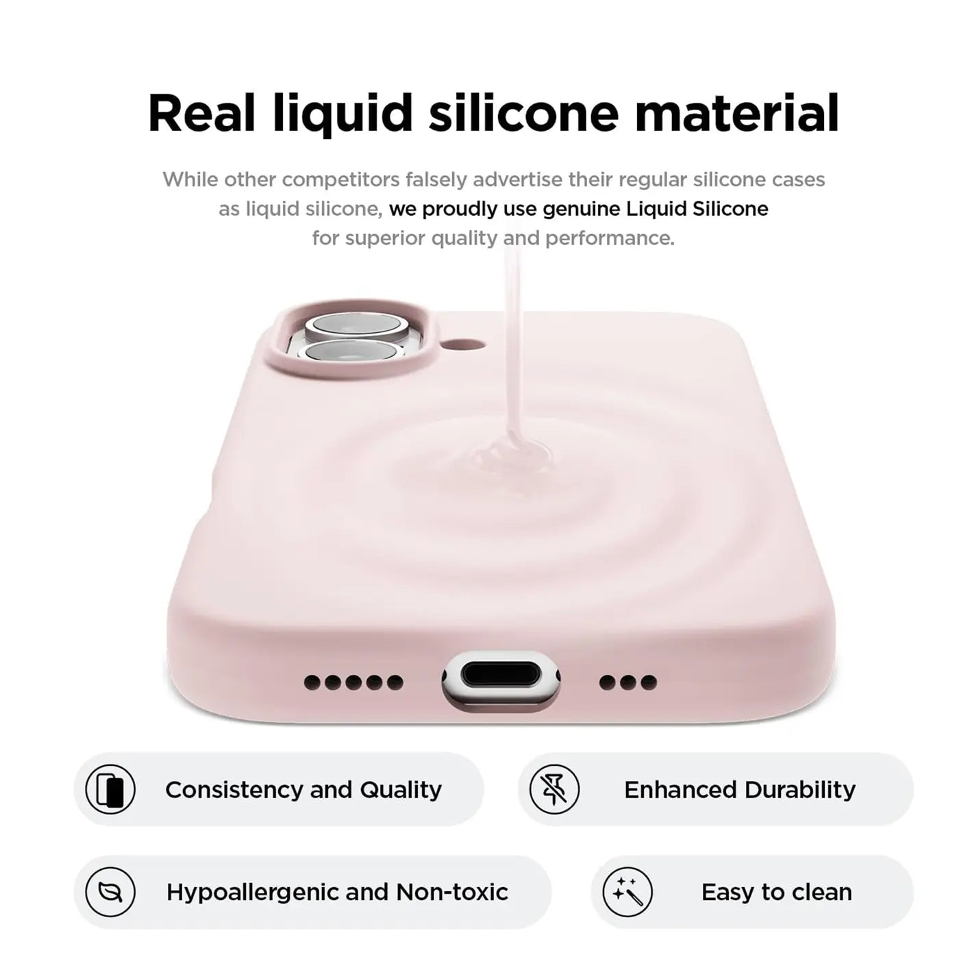 Rosa Silikonhülle für iPhone, von oben/seitlich, mit Kamerabereich und Ladeanschluss.