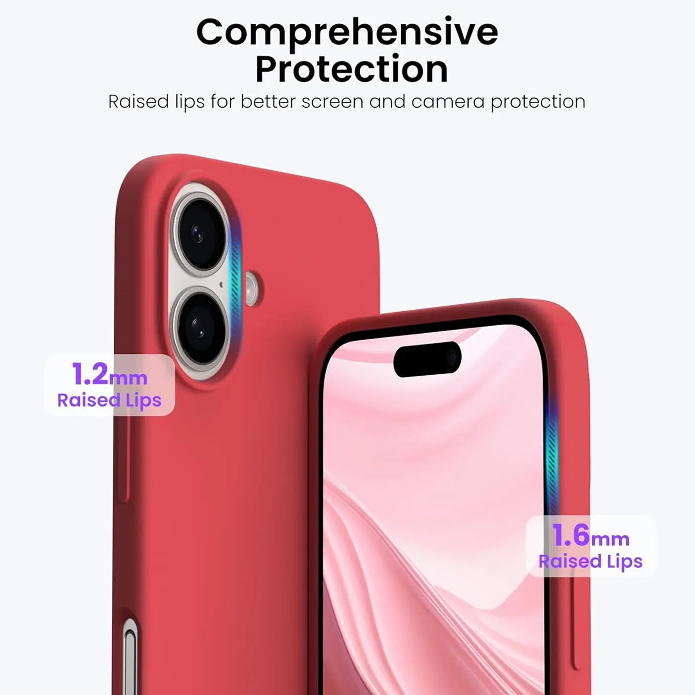 Rote Silikonhülle für iPhone 17, Rückansicht und Vorderseite, Nahaufnahme.