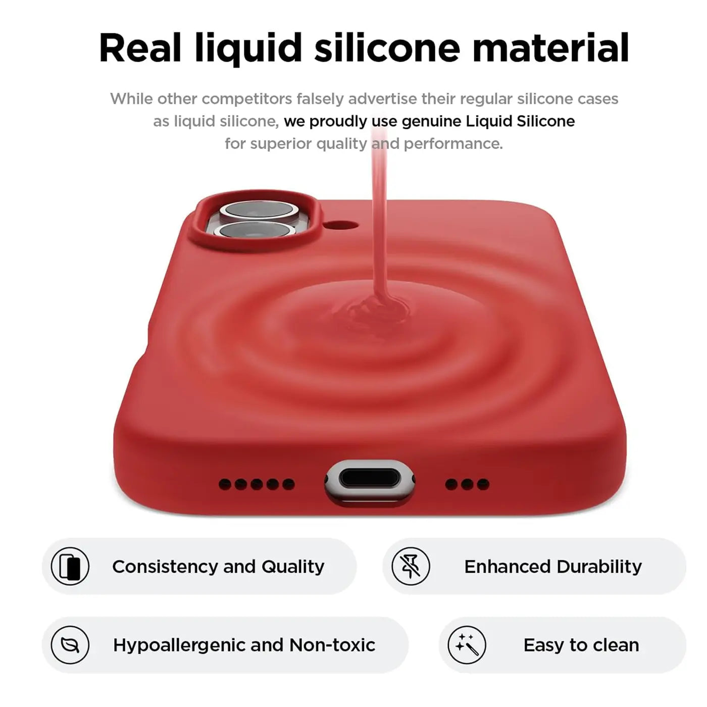Rote Silikonhülle für iPhone, von oben, mit flüssigem Silikon.