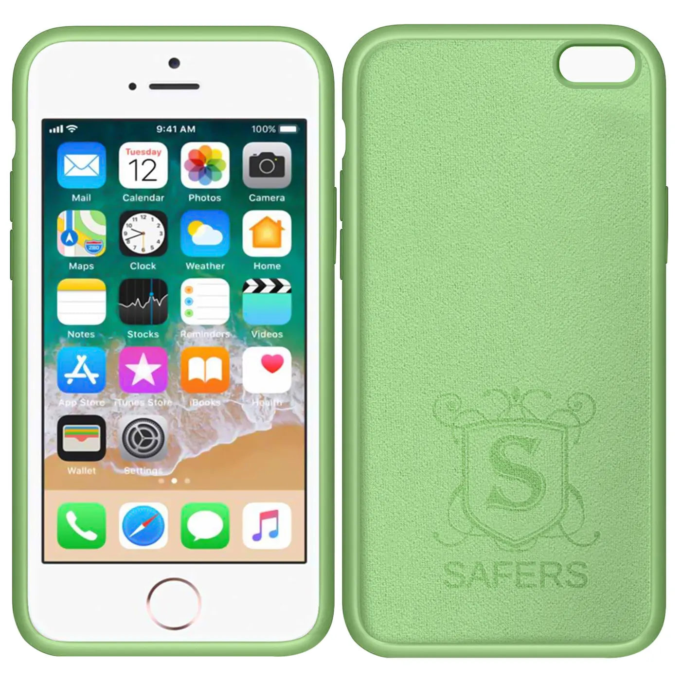 Grüne Silikonhülle für iPhone 6s Plus / 6 Plus, Vorder- und Rückansicht, Mikrofaser innen.