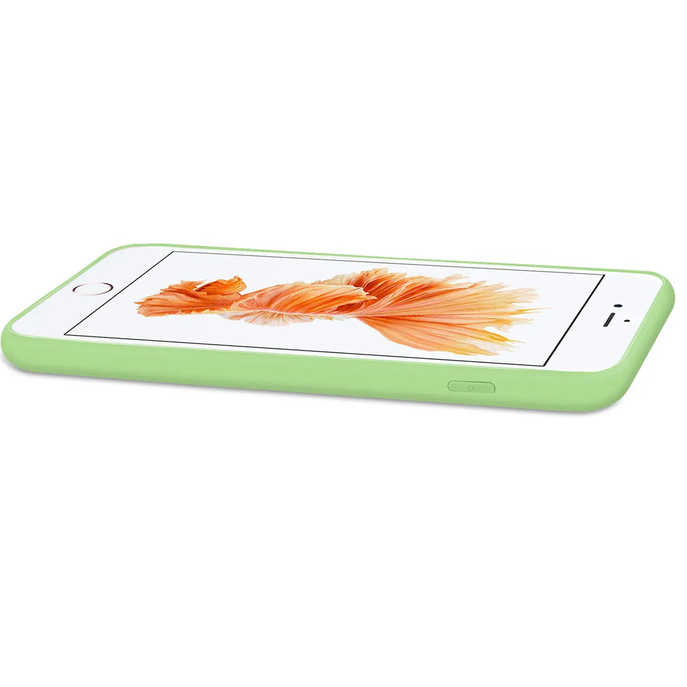 iPhone 6s Plus/6 Plus in hellgrüner Silikonhülle, von der Seite fotografiert.